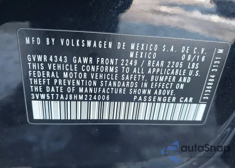 2017 Volkswagen Jetta Gli из США, поврежденный, VIN 3VW5T7AJ8HM224006